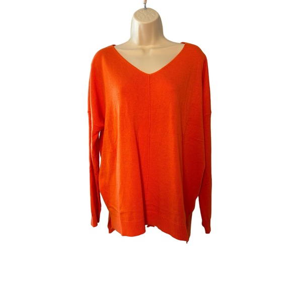 She & Sky Orange V Neck Sweater Large‎ NWT Square Hem Line with Side Slits - Picture 1 of 8